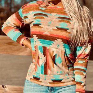 Multicolor Western Aztec Print Long Sleeve T Shirt